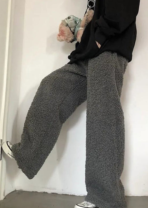 Simple Dark Gray Drawstring Teddy Faux Fur Beam Pants Winter