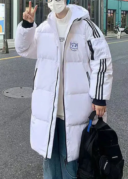 White Hooded Striped Print Duck Down Down Coat Winter