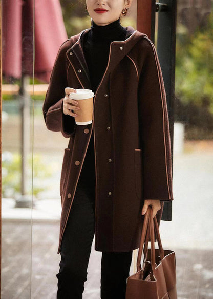 Brown Hooded Button Pockets Woolen Coat Fall