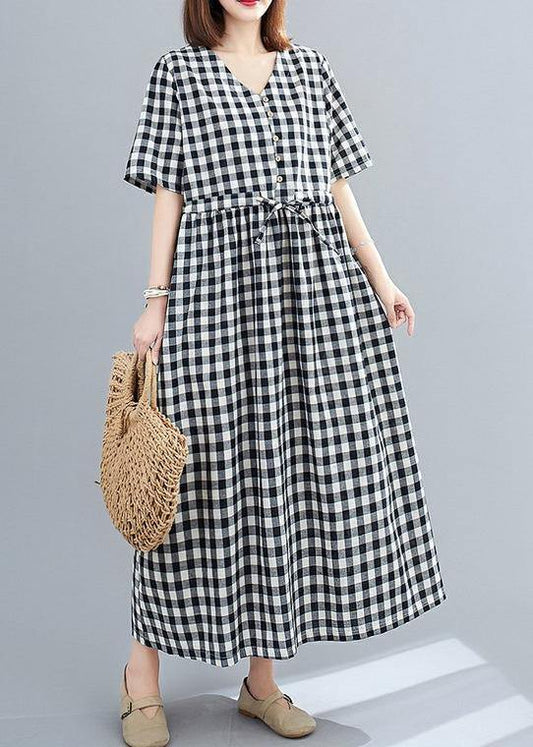 Organic V Neck Drawstring Cotton Clothes for Tutorials Black Large Plaid Dress