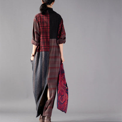 New Red Plaid Oversize V Neck Patchwork Linen Clothing Dress Pockets Asymmetrical Design Caftans