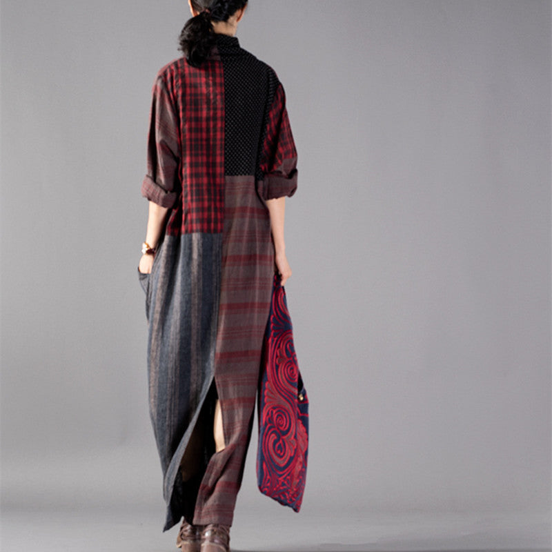 New Red Plaid Oversize V Neck Patchwork Linen Clothing Dress Pockets Asymmetrical Design Caftans