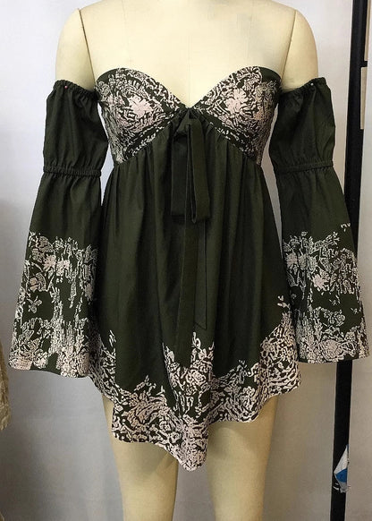 Green Cold Shoulder Print Cotton Holiday Dress Spring