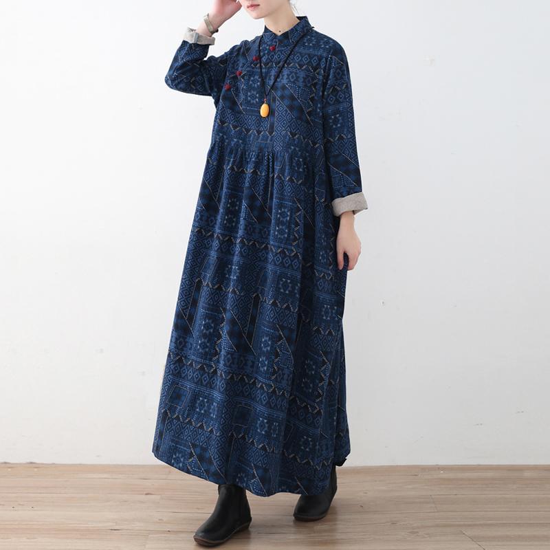 Blue Loose Button Linen Print Dress
