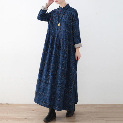 Blue Loose Button Linen Print Dress