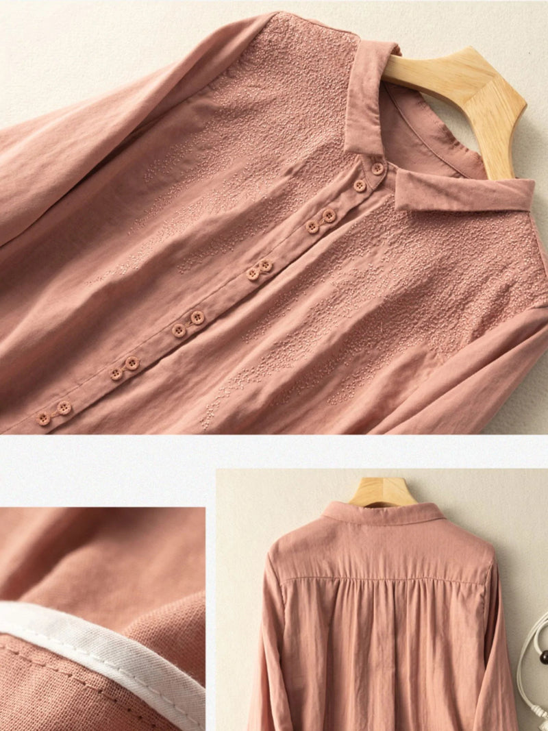 Embroidered Long Sleeve Linen Shirt Top