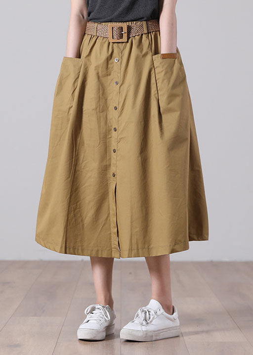 French Color Khaki Elastic Waist Pockets Button Sashes Cotton a Line Skirts Summer