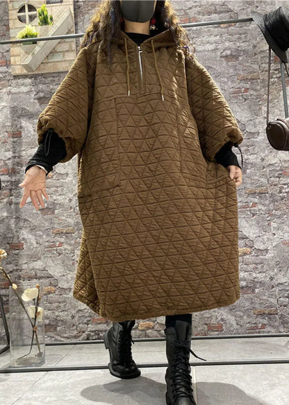 Classy Coffee Hooded Drawstring Fine Cotton Filled Dress Winter