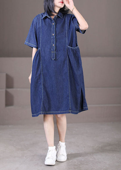 Denim Blue Peter Pan Collar Wrinkled Pockets Cotton Robe Dresses Short Sleeve