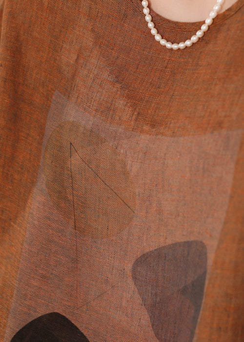 Blue O Neck Print Linen T Shirts Summer