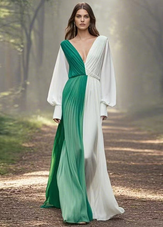 Asymmetrical Wrinkled Patchwork Chiffon Long Dress Spring