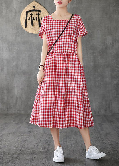 Handmade Square Collar Patchwork Cotton Linen Clothes for Shape Red Plaid Dress Summer