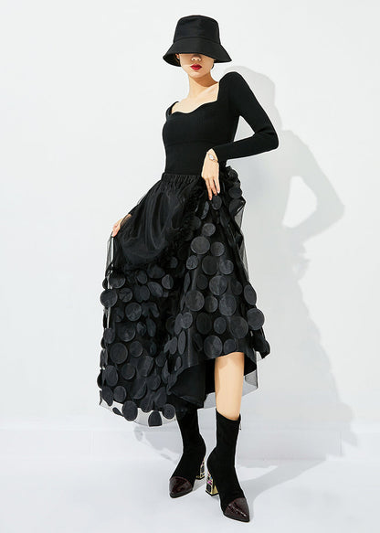 Original Design Black-blue Dot Elastic Waist Patchwork Wrinkled Tulle Skirt Summer