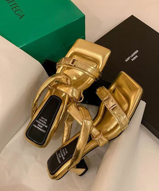 Stylish Splicing High Heel Gold Cowhide Leather Slide Sandals