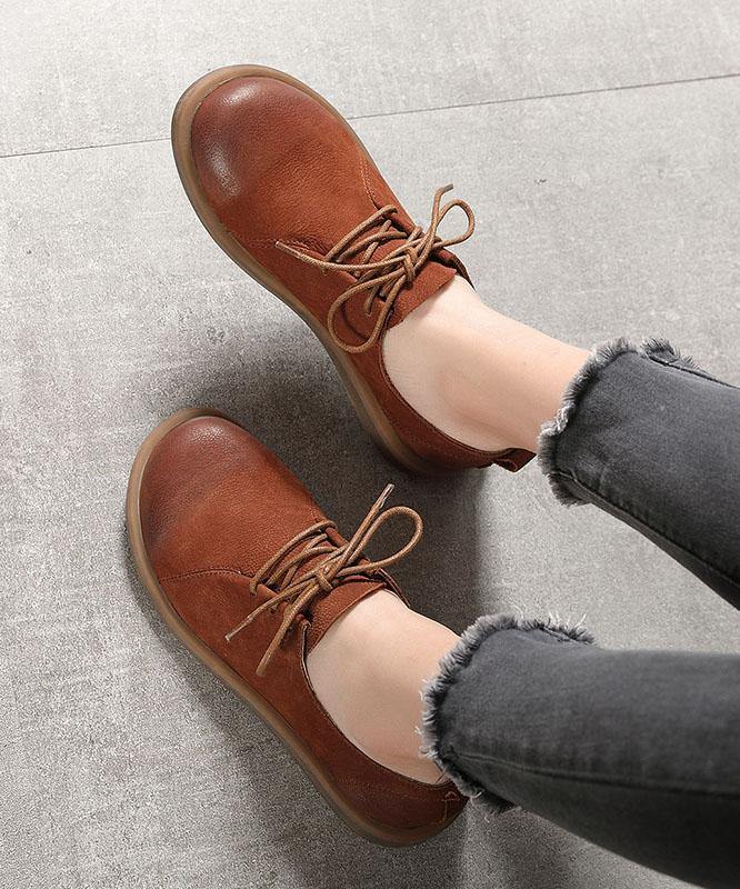 Cross Strap Flat Shoes Brown Cowhide Leather