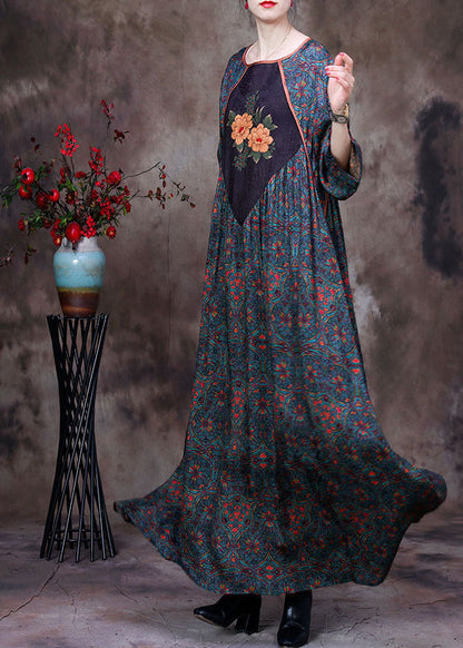 Green O-neck Patchwork Print Exra Large Hem Silk Maxi Dresses Long Sleeve