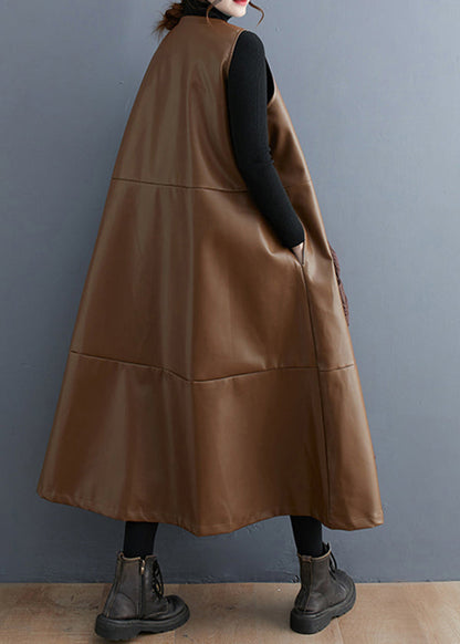 Khaki Stereoscopic Faux Leather Maxi Dresses V Neck Sleeveless