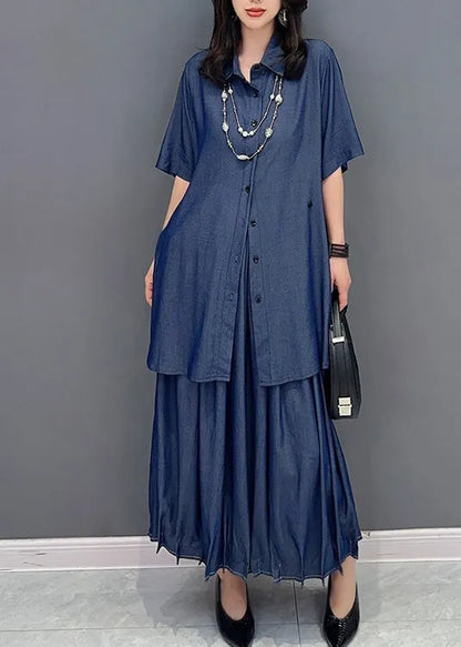 Natural Blue Peter Pan Collar Button Shirts and Maxi Skirts Two Piece Set Summer