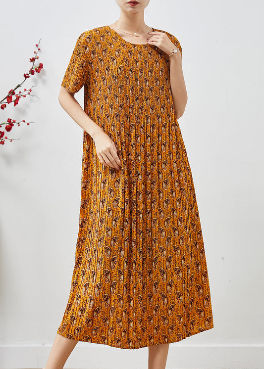 Yellow Print Chiffon Pleated Dress Summer