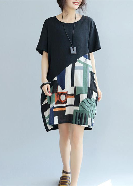 Fine Black Patchwork Linen Shift Dress Loose Fitting Cotton Clothing Dress Short Sleeve Wild Prints Knee Dresses