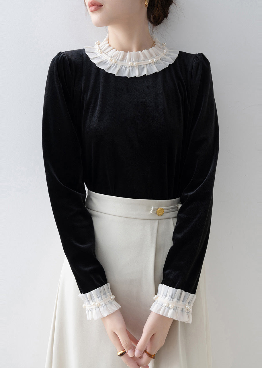 Black Ruffled Patchwork Silk Velour Shirt Top Spring