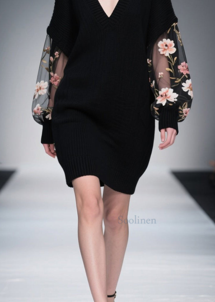 Italian Black Tulle Patchwork Knitwear Dress Fall