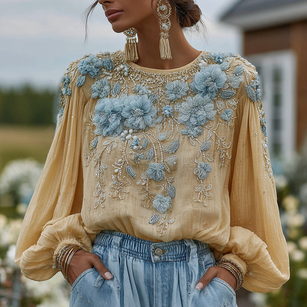 Vintage Rose Floral Pattern Casual Linen Crew Neck Long Sleeve Shirt elevenforest