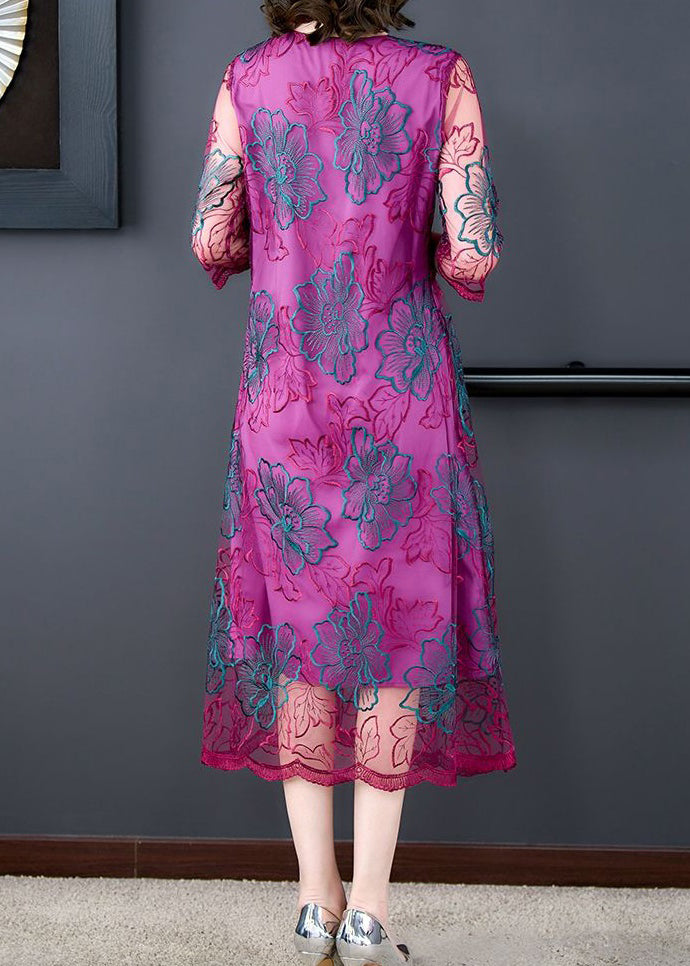 Purple Embroideried Ruffled Tulle Dresses Half Sleeve