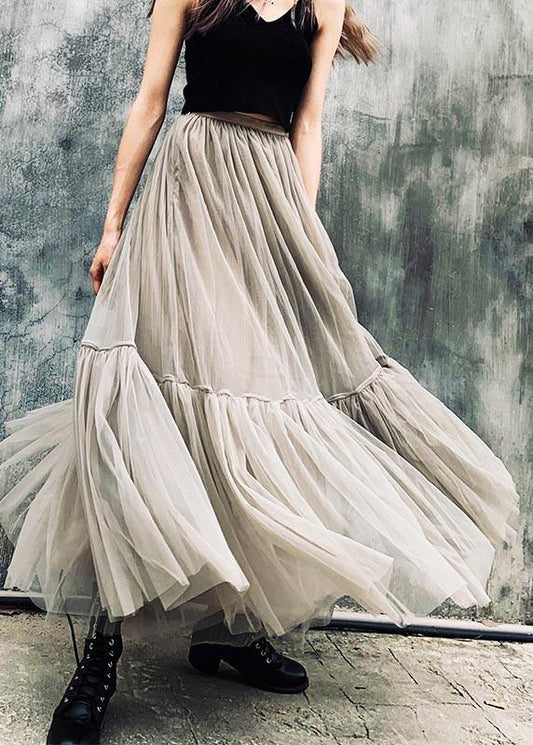 French Grey Zippered Retro Mid Length Mesh Skirt