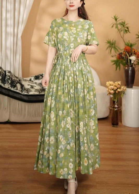 Grass Green Cinched Print Cotton Ankle Dress Summer