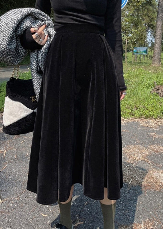 French Coffee High Waist Pockets Silk Velour Skirt Fall