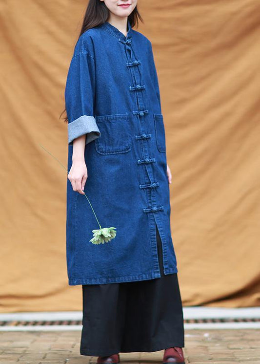Diy Denim Blue Tunic Stand Collar Pockets Maxi Dress