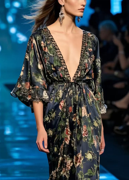 Black Print Patchwork Lace Chiffon Tunic Dress Summer
