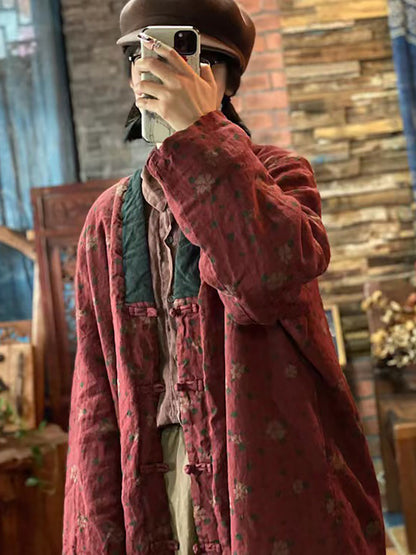 Print Washed Linen Padded Coat
