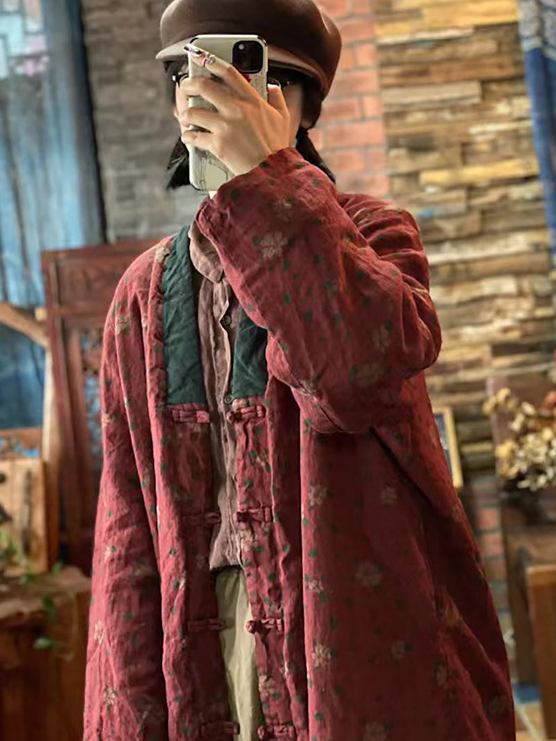 Print Washed Linen Padded Coat