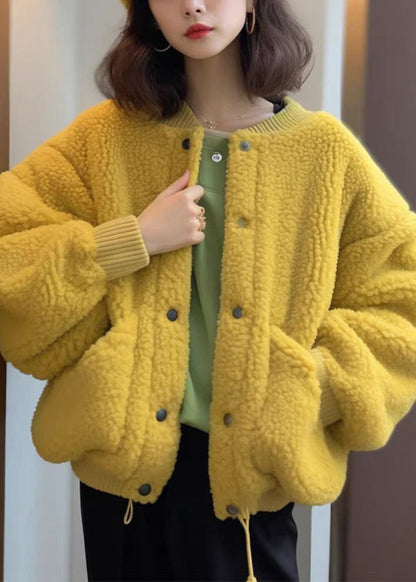 Yellow Button Pockets Teddy Faux Fur Coat Spring