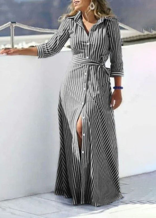 Blue Striped Tie Waist Cotton Shirt Dress Summer