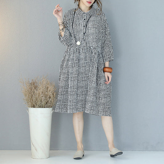 Fine Black Plaid Pure Cotton Dress Clothing Shirt Dress Boutique Lapel Collar Bracelet Sleeved Natural Cotton Dress
