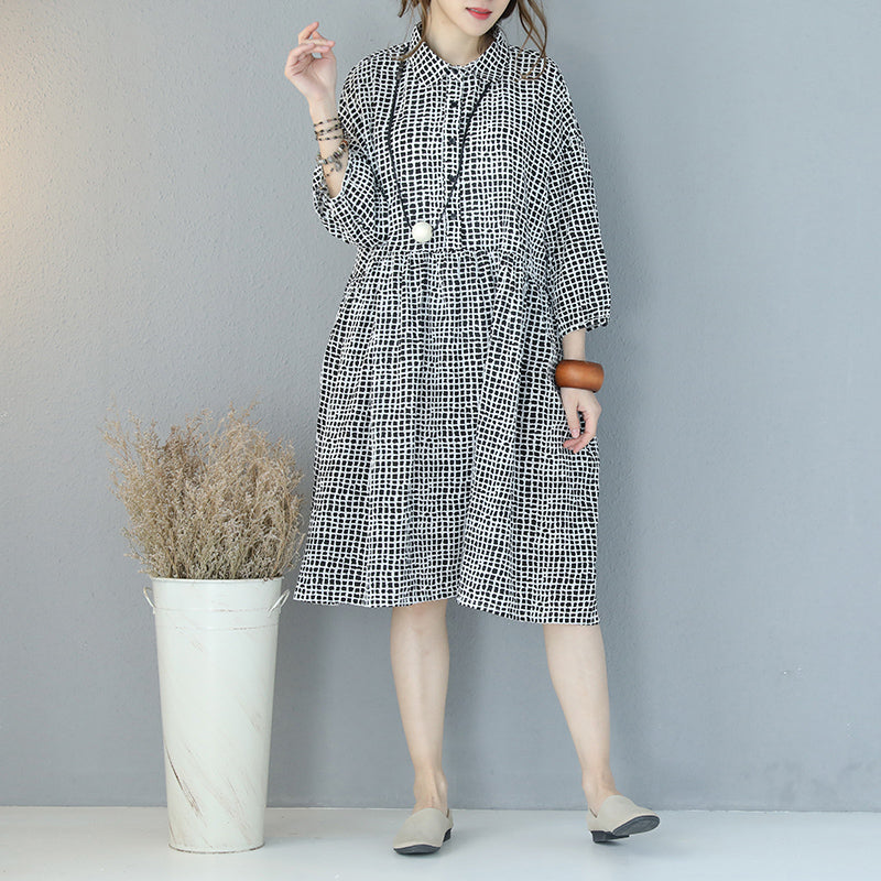 Fine Black Plaid Pure Cotton Dress Clothing Shirt Dress Boutique Lapel Collar Bracelet Sleeved Natural Cotton Dress