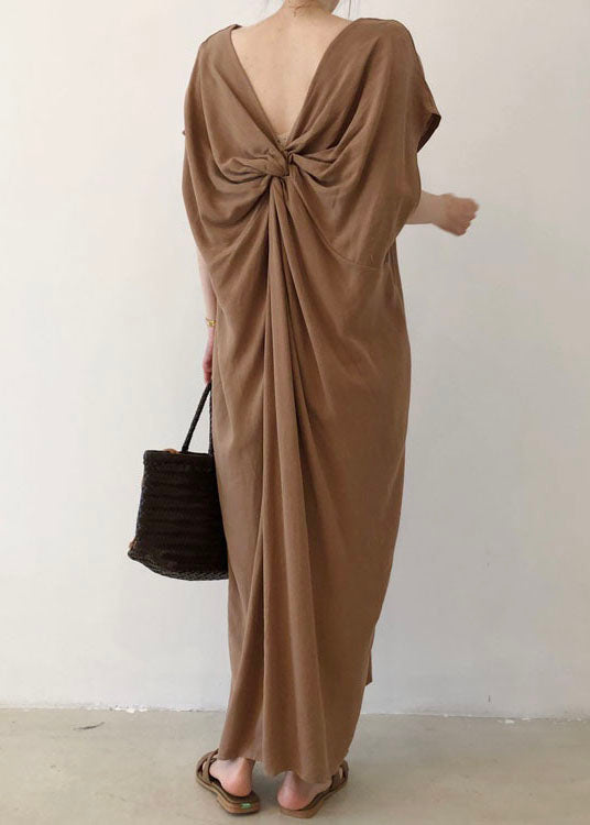 Coffee Side Open Cotton Short Sleeve Long Dresses