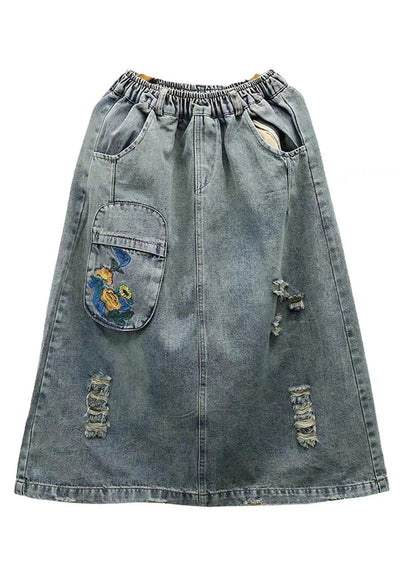 Light Blue Embroideried Patchwork Cotton Long Skirt Summer