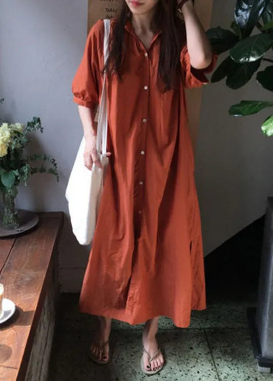 Brick Red Button Cotton Dresses Wrinkled Half Sleeve