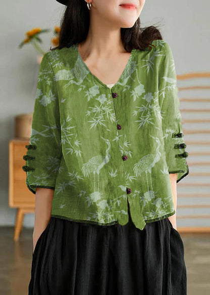 Yellow Ramie Cardigan Embroidered Shirt