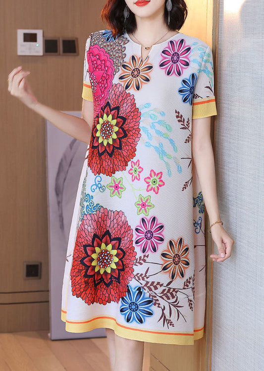 White V Neck Wrinkled Print Side Open Silk Maxi Dresses Short Sleeve