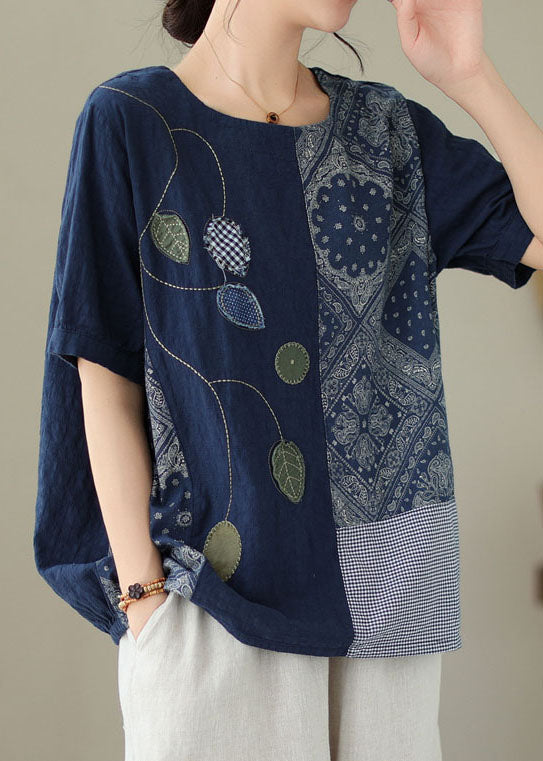 Navy Embroidered Print Patchwork Cotton T Shirt Tops Summer