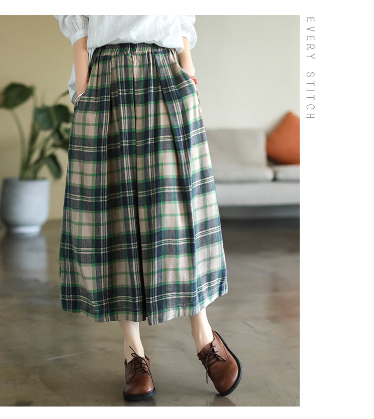 Cotton and Linen Check Elastic High Waist A-line Skirt