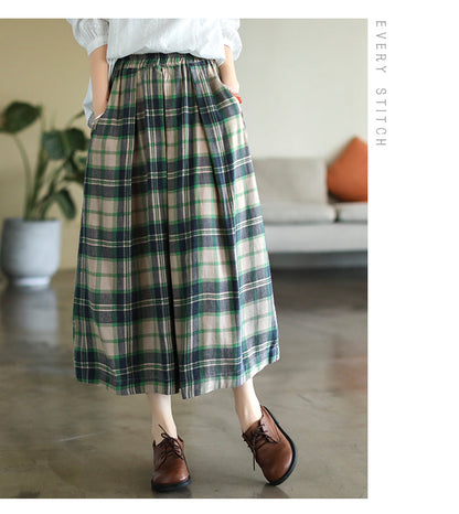 Cotton and Linen Check Elastic High Waist A-line Skirt