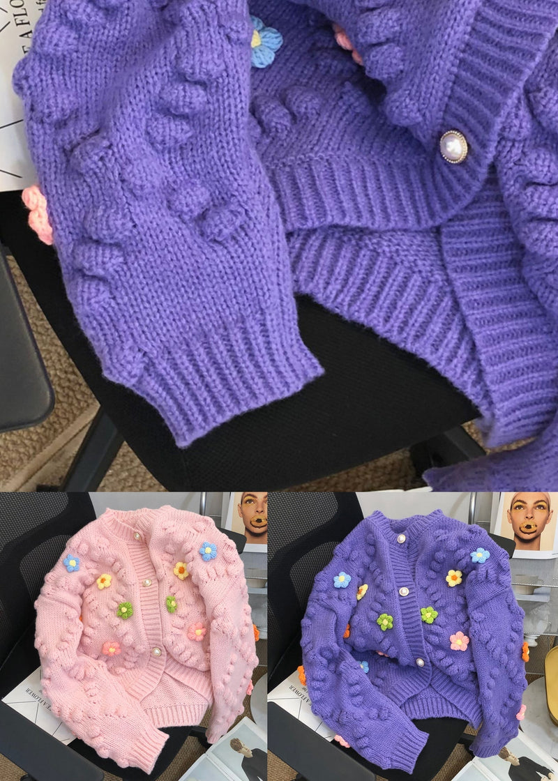Purple Patchwork Knit Cardigan O Neck Button Fall
