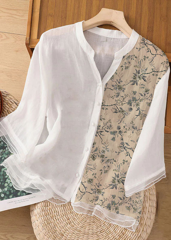 Grey Embroidered Button Patchwork Linen Top Bracelet Sleeve
