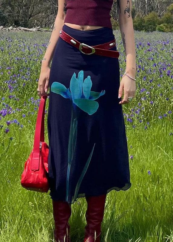 Navy Print High Waist Patchwork Tulle Skirts Summer